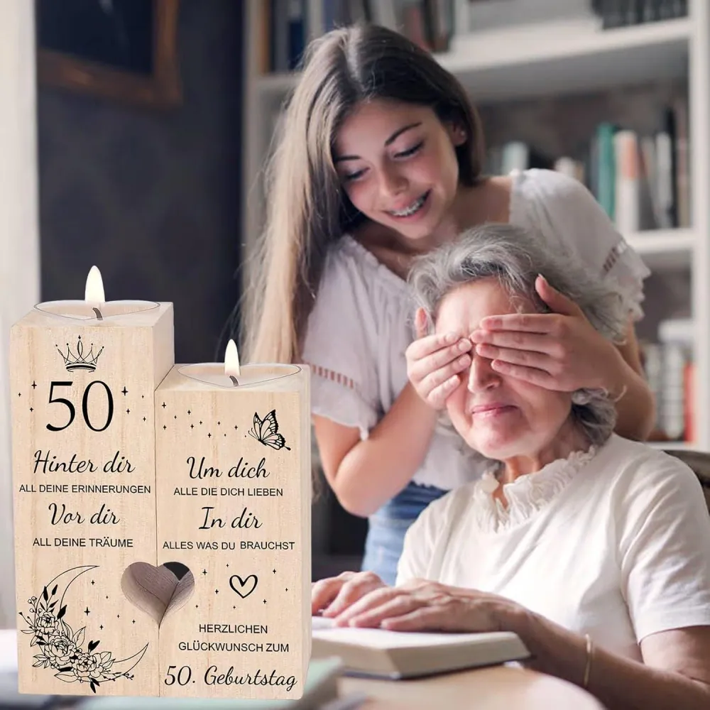 50. Geburtstag Frau Kerzenständer Holz Geschenkidee Deko