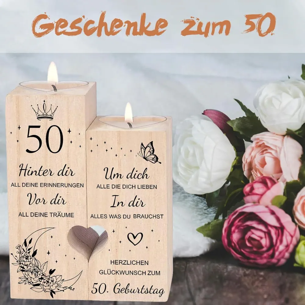 50. Geburtstag Frau Kerzenständer Holz Geschenkidee Deko