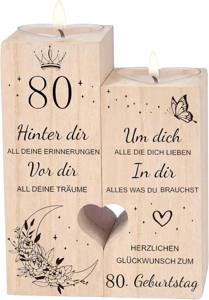 80. Geburtstag Kerzenhalter Holz Herzform Geschenk für Frau