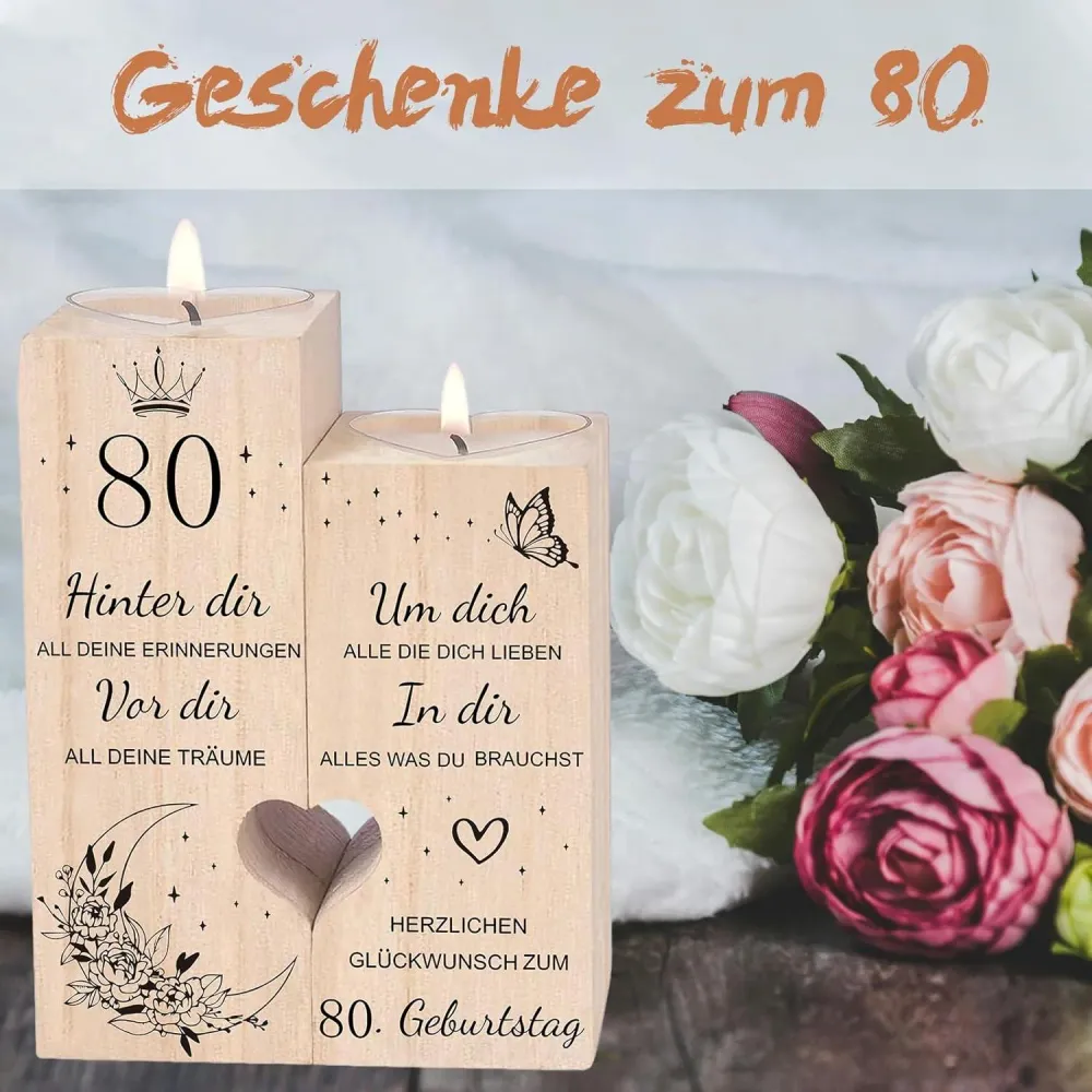 80. Geburtstag Kerzenhalter Holz Herzform Geschenk für Frau