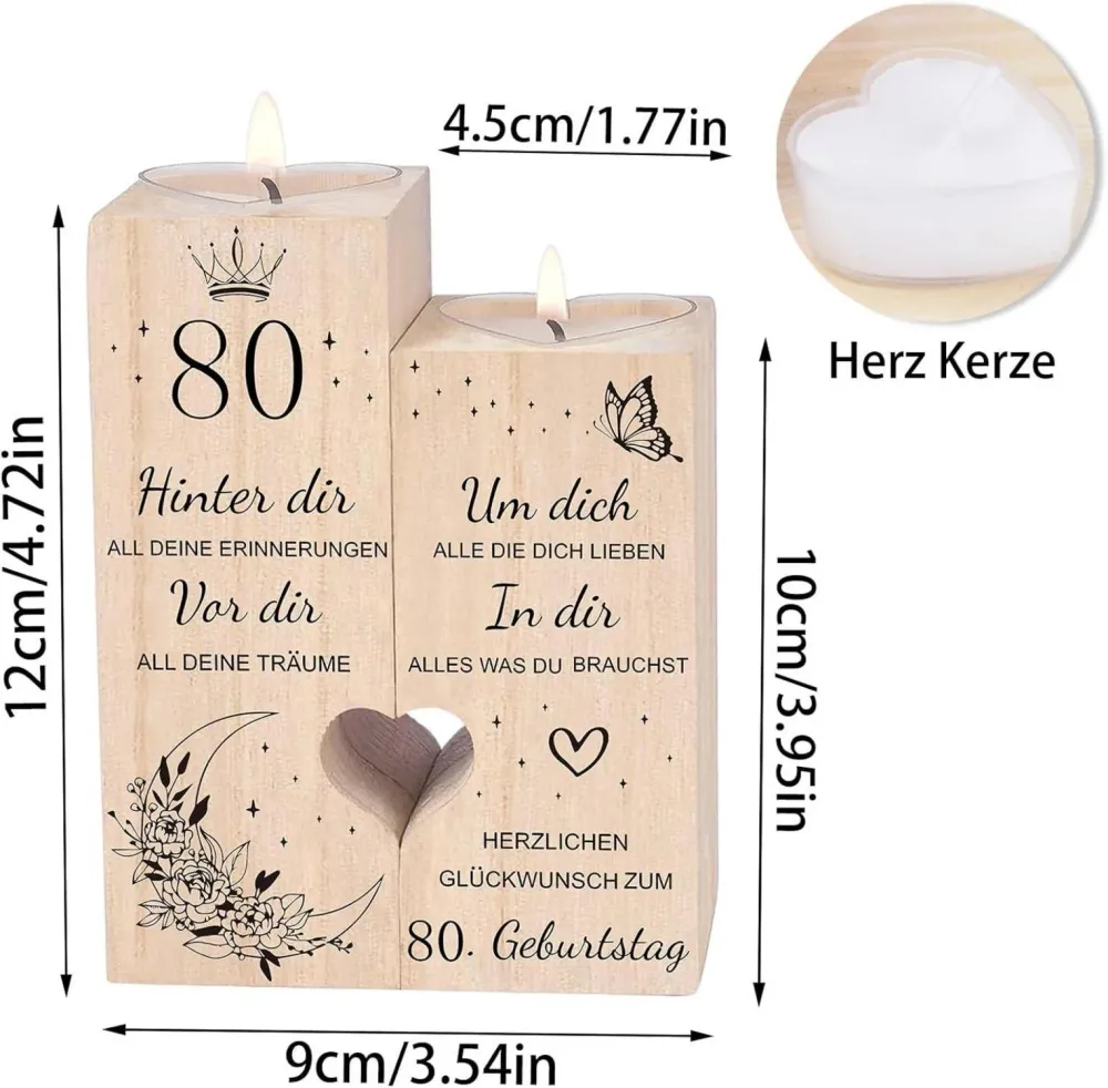 80. Geburtstag Kerzenhalter Holz Herzform Geschenk für Frau
