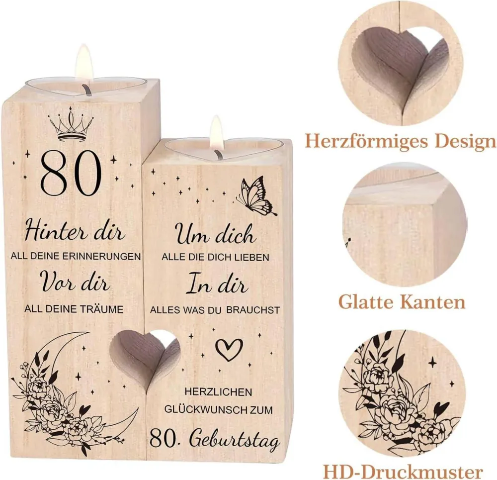80. Geburtstag Kerzenhalter Holz Herzform Geschenk für Frau