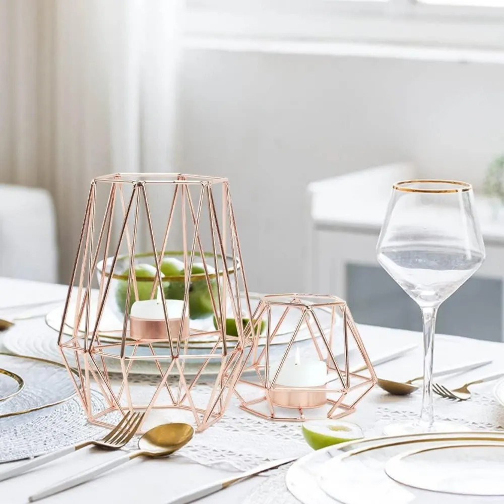 Geometrischer Kerzenhalter Set, Metall Roségold, Hochzeit