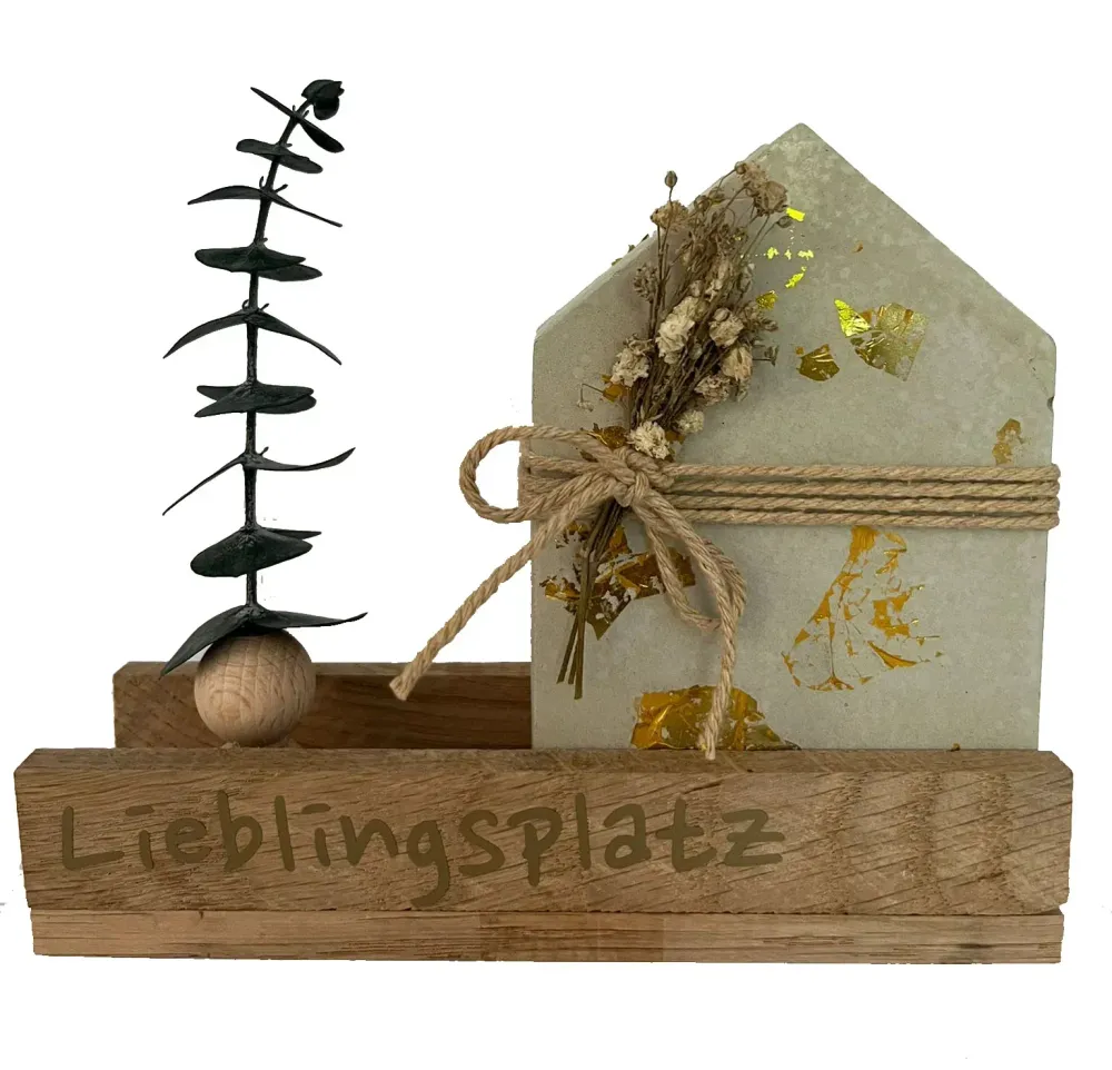 Handgemachte Deko "Lieblingsplatz" – Betonhaus mit Trockenblumen & Holzschild