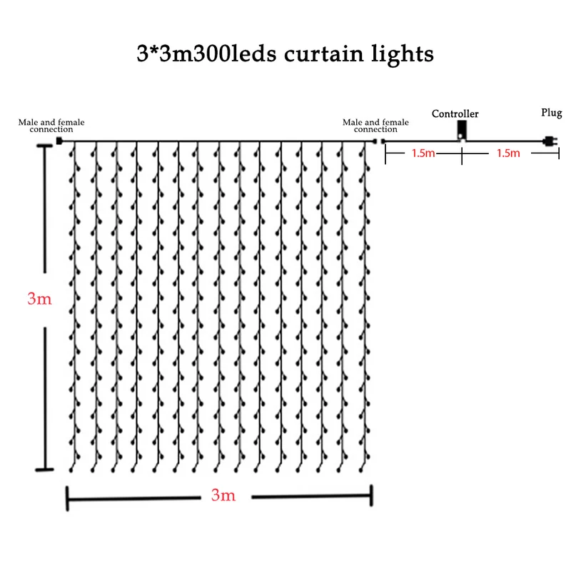 Hengda LED Lichtervorhang Weihnachtsbeleuchtung 3x3M Lichternetz string Lichterkette