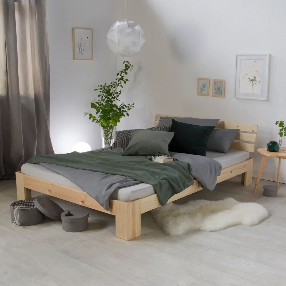 Holzbett 120x200 cm Natur | Doppelbett | mit Lattenrost | massiv | Kind Jugend Gast