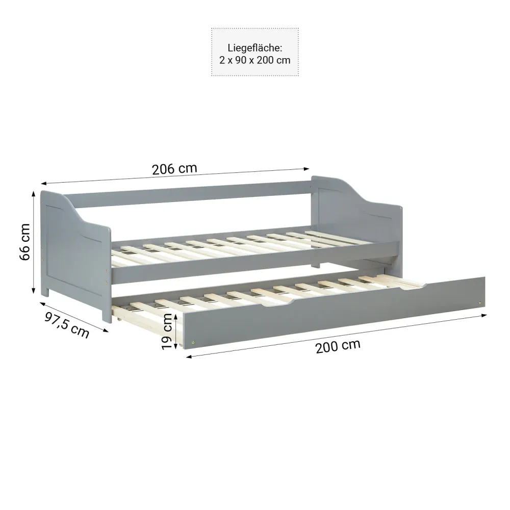 Holzbett 90x200 cm Grau | ausziehbar zum Doppelbett | Koje |mit Lattenrost | Duo-Bett kombinierbar Verwandlungsbett Multif...