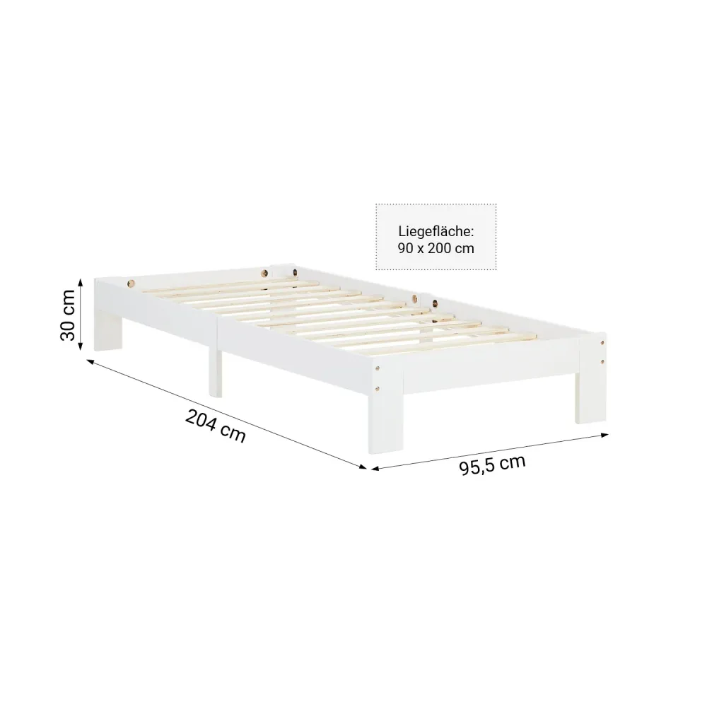 Holzbett 90x200 cm Weiss | Einzelbett | mit Lattenrost | massiv | Kind Jugend Gast