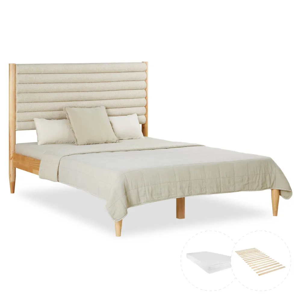 Holzbett mit Polsterkopfteil 140x200 cm Eiche Beige Bouclé | mit Lattenrost | mit Matratze