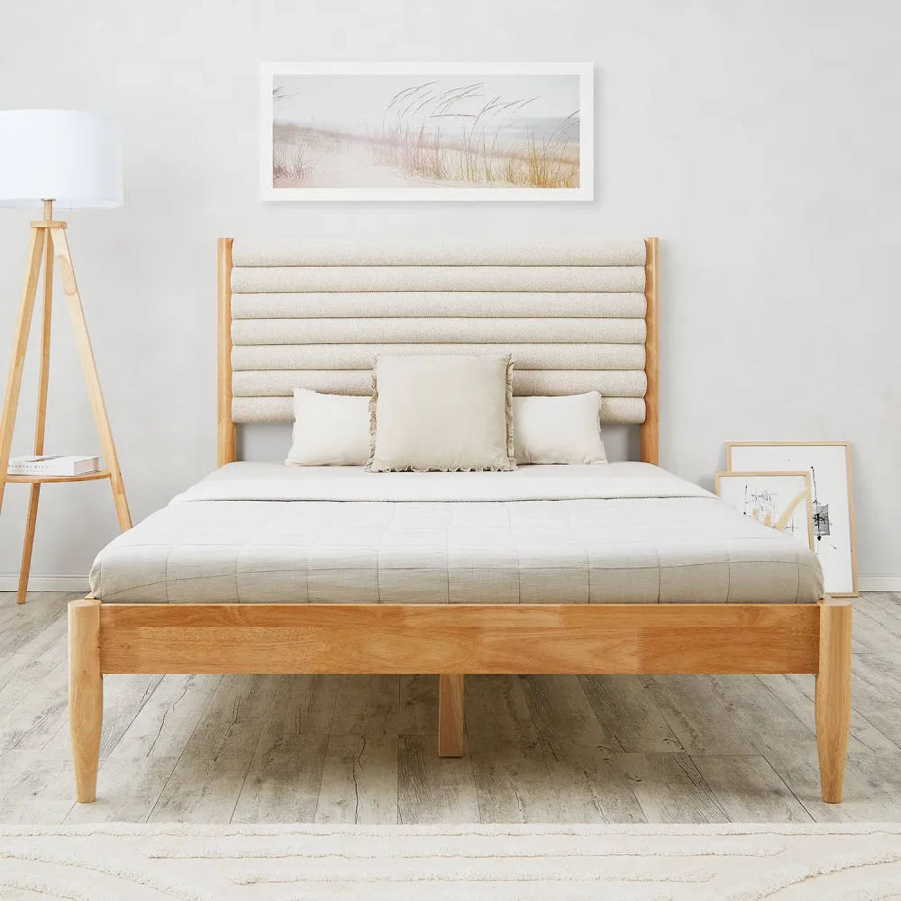 Holzbett mit Polsterkopfteil 140x200 cm Eiche Beige Bouclé | mit Lattenrost | mit Matratze