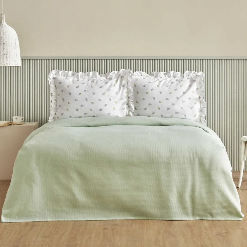 Karaca Home Lidya, 100% Baumwolle Doppelbett Tagesdecke Set, Grün