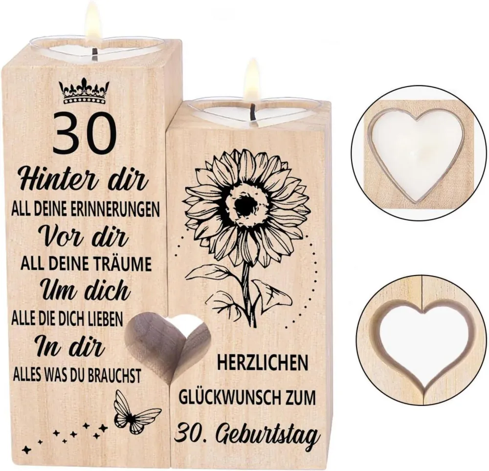 Kerzenhalter Holz Herzform 30. Geburtstag Geschenk Frau Mama