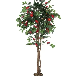 Künstlicher Kamelien-Baum mit Seidenblättern und Naturstämmen. 180 cm.