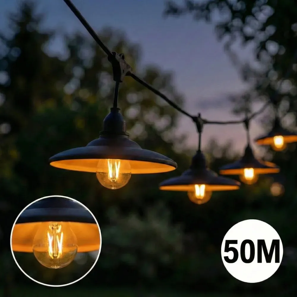 Komplette Lichterkette mit 50 Lampenschirmen | 50 Meter | Schwarzer Lampenschirm | Verkettbar | E27 | Inkl. 1-W-Glühbirnen