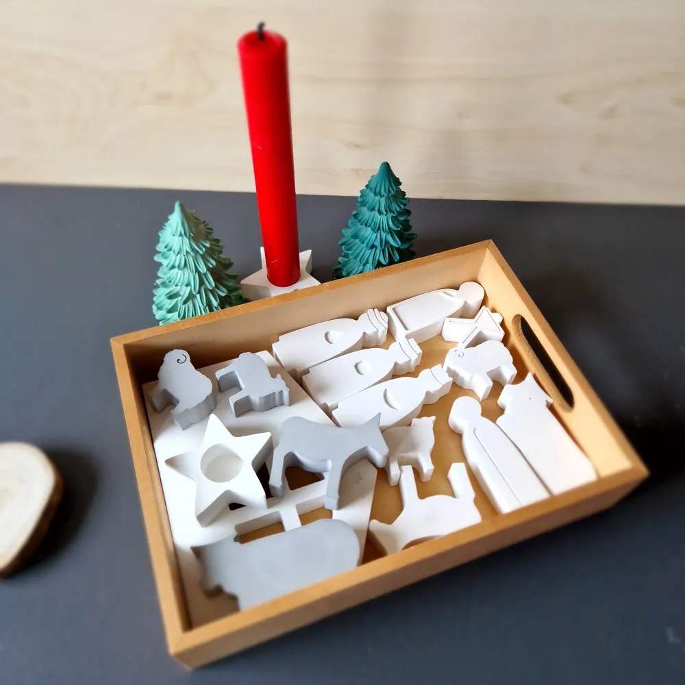 Krippe großes Set, 15 Teile und Stern-Kerzenständer mit Kerze - Weihnachtskrippe aus weißem Gießbeton und mit vier zusätzl...
