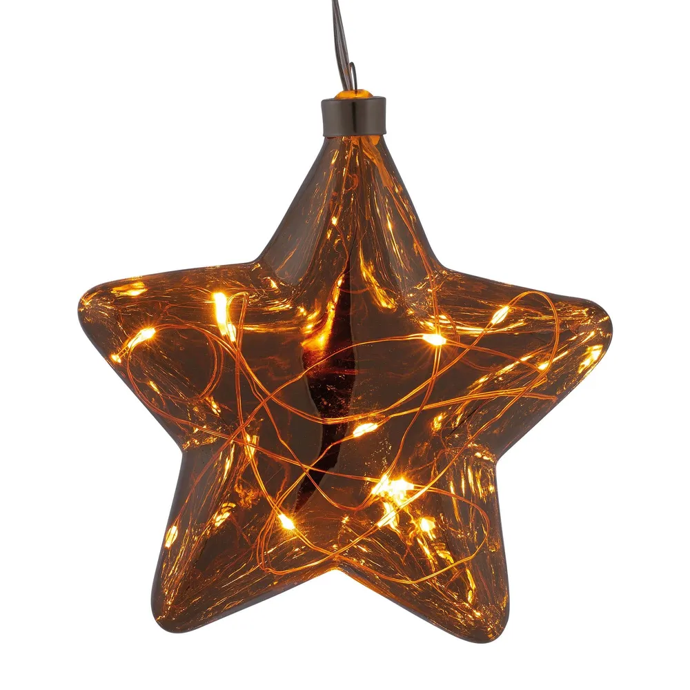 LED-Glas-Stern, rauchgrau, mit Lichterkette "Tauperlen", 10 LEDs bernsteinfarbene, 6 h Timer