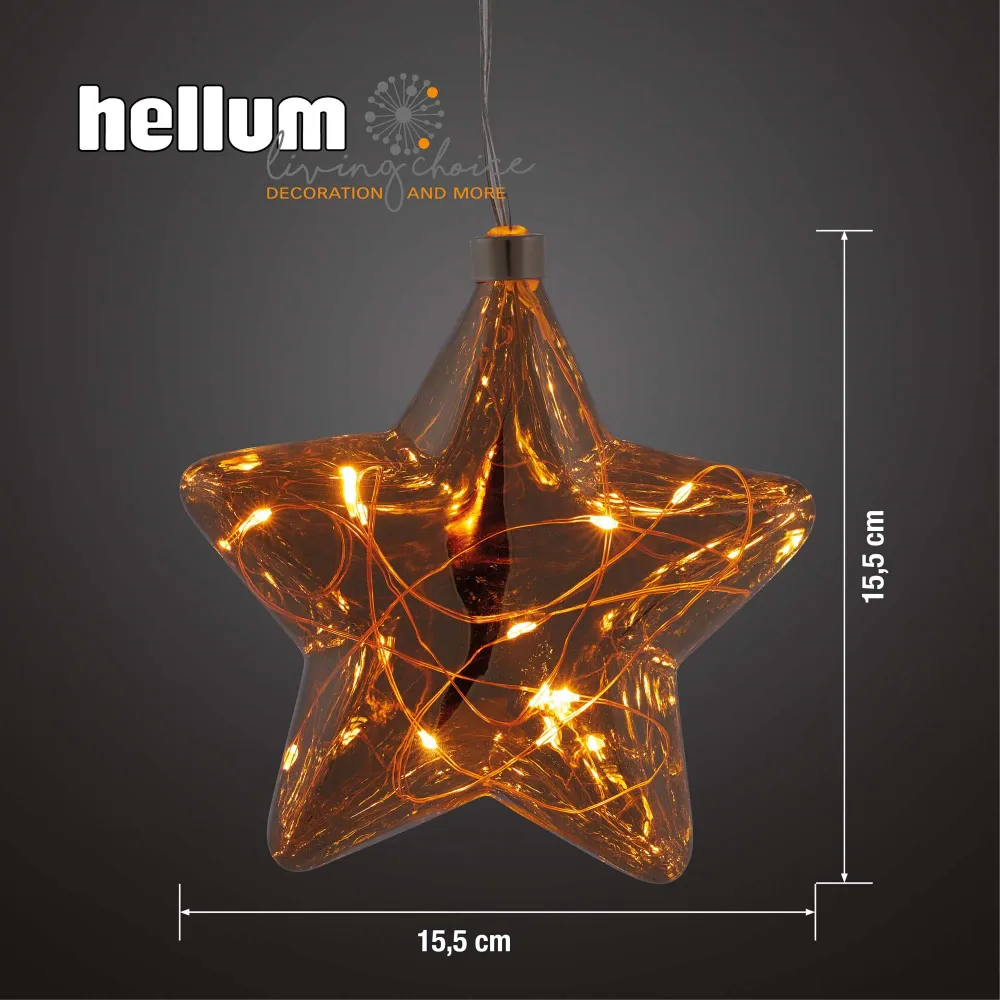 LED-Glas-Stern, rauchgrau, mit Lichterkette "Tauperlen", 10 LEDs bernsteinfarbene, 6 h Timer