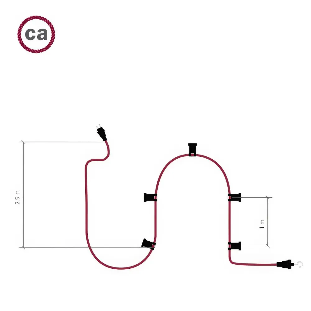 Lichterkette System Lumet 7,5 m mit Stoffkabel CM03, 5 Fassungen, Haken und weißen Stecker