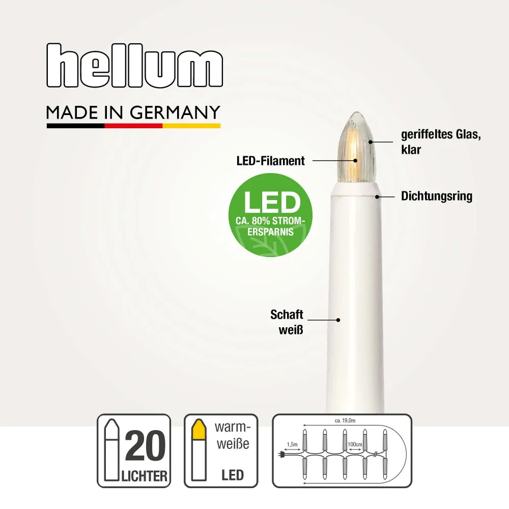Lichterkette Weihnachtsbaum LED Filament, außen 20 teilig, Made Germany, Riffelkerzen