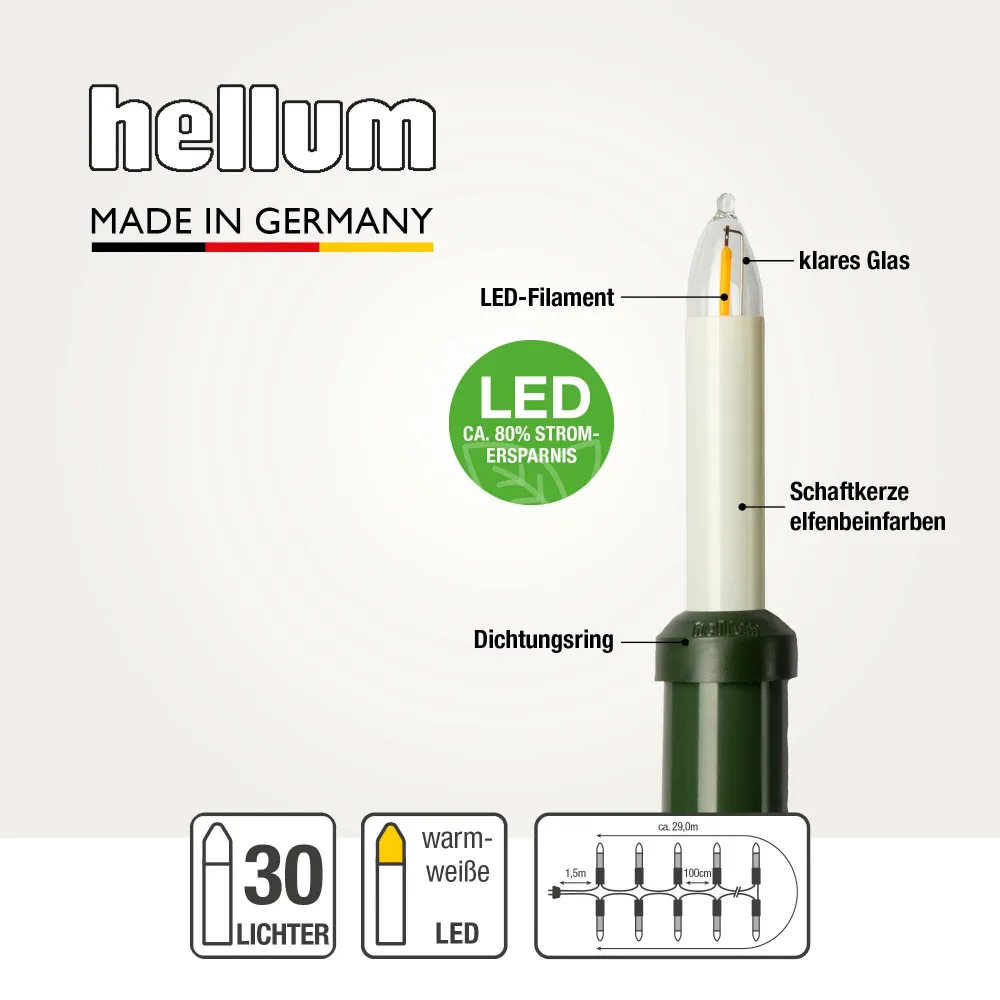 Lichterkette Weihnachtsbaum LED Filament, außen 30 teilig, Made Germany, Schaftkerzen