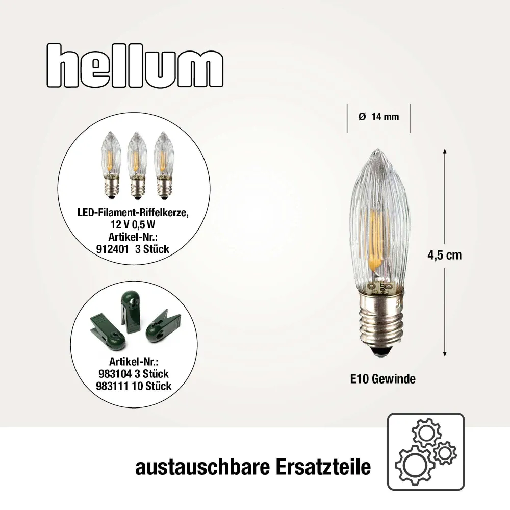 Lichterkette Weihnachtsbaum LED Filament, innen 20 teilig, Made Germany, Riffelkerzen, Schaft elfenbein