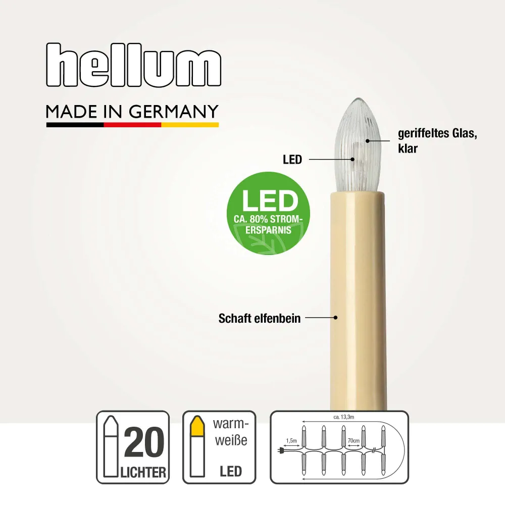 Lichterkette Weihnachtsbaum LED Filament, innen 30 teilig, Made Germany, Riffelkerzen, Schaft elfenbein