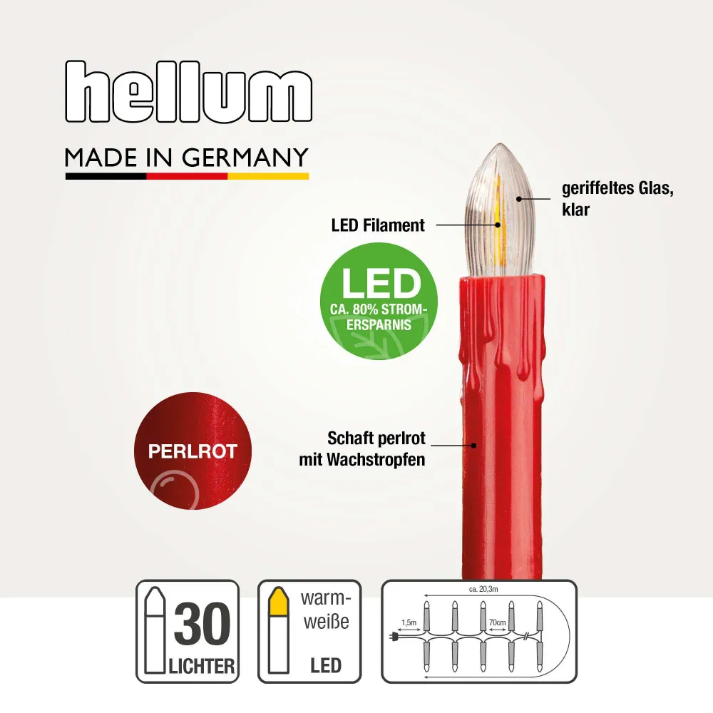 Lichterkette Weihnachtsbaum LED Filament, innen 30 teilig, Made Germany, Riffelkerzen, mit Wachstropfen, rot