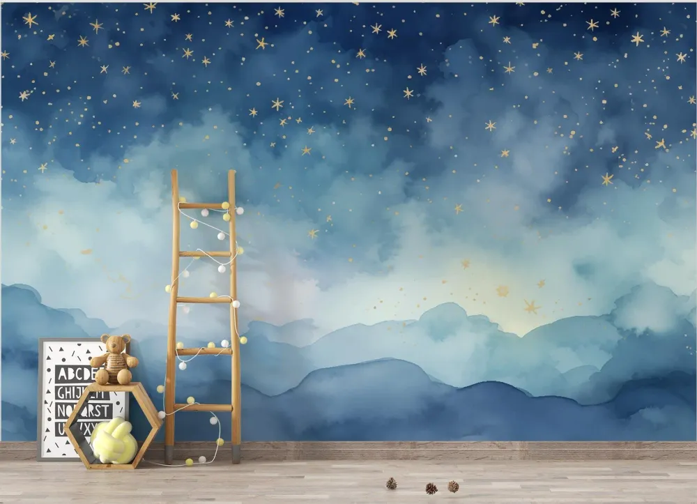 Nachthimmel Tapete | Goldene Sterne und blaue Wolken