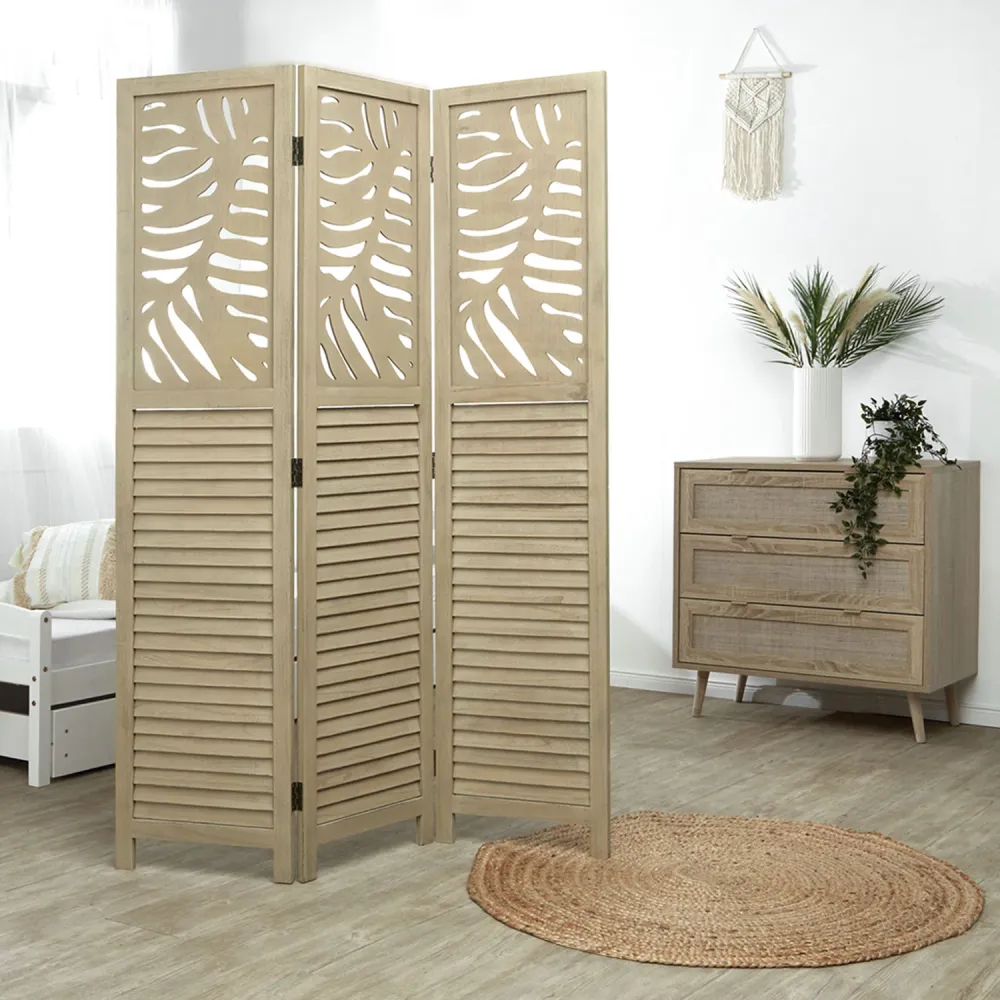 Paravent Natur Rattan-Optik Verzierungen 3 teilig Raumteiler Trennwand Sichtschutz