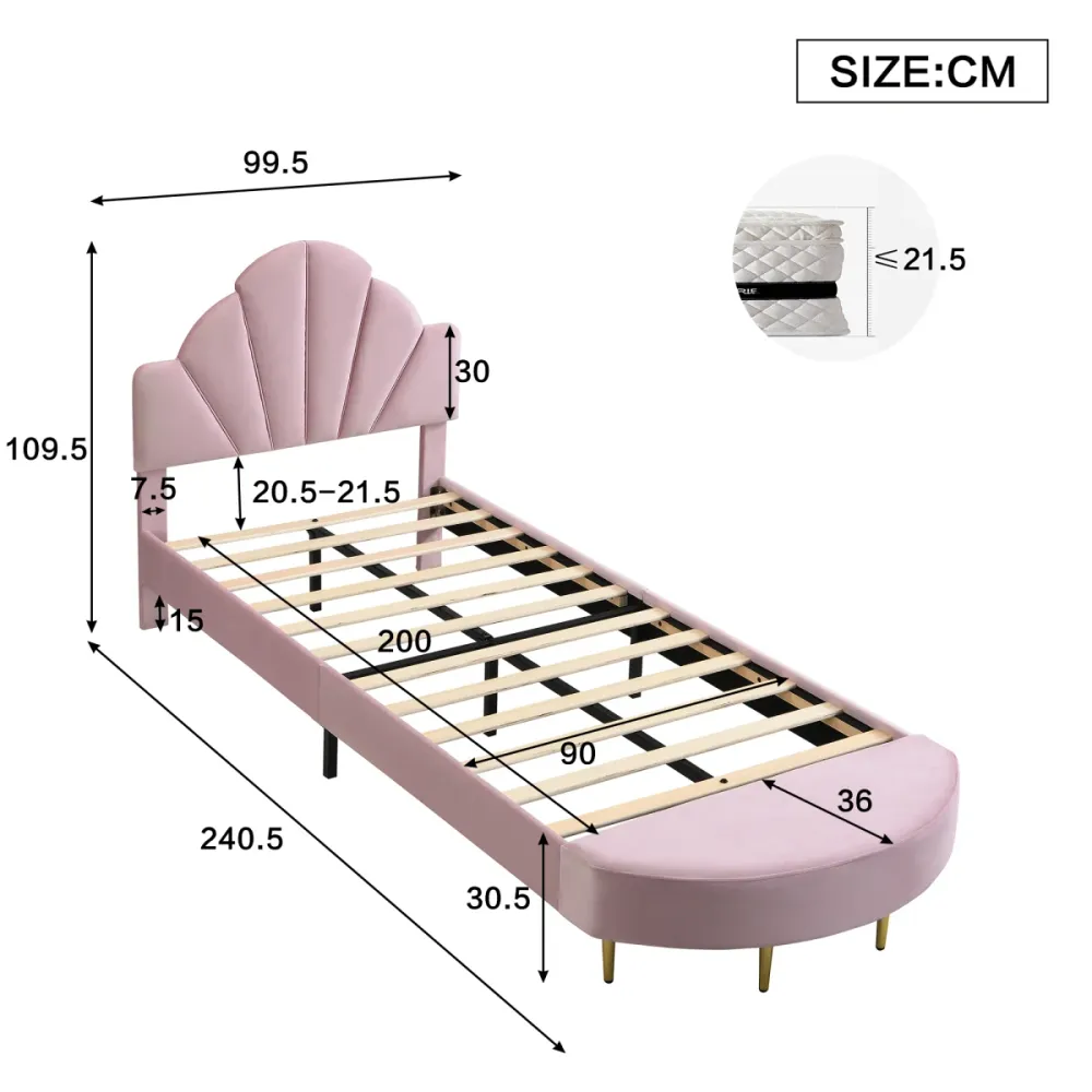 Polsterbett 90x200 Rosa Samt mit Bettbank Einzelbett Kinderbett mit weichem Kopfteil und Antikollisionskante Stabiles Juge...
