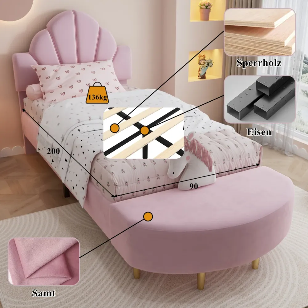 Polsterbett 90x200 Rosa Samt mit Bettbank Einzelbett Kinderbett mit weichem Kopfteil und Antikollisionskante Stabiles Juge...