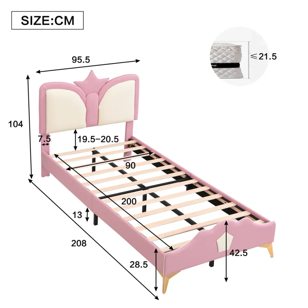 Polsterbett 90x200 Rosa Weiß Kinderbett mit Kronen-Kopfteil Prinzessinbett aus PU-Leder Einzelbett für Mädchen stabiler Ra...
