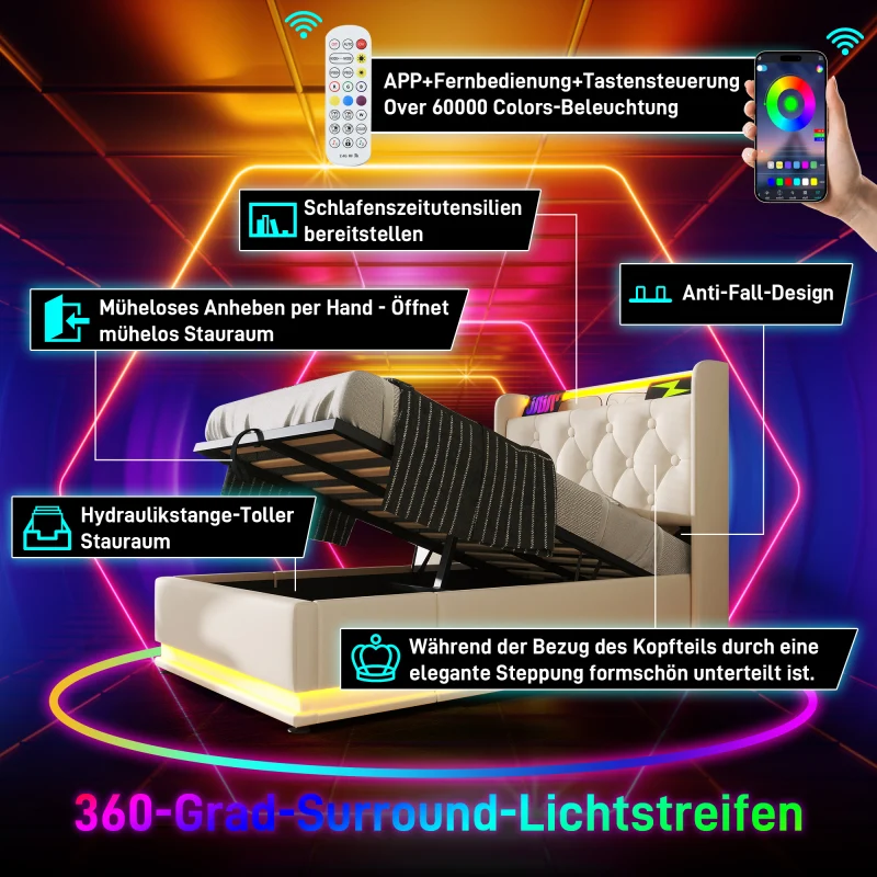 Polsterbett einzelbett, 360-Surround-LED-Funktion, Drucktaste/App/Fernbedienung, 90*200 cm, weiß PU-Material Hydraulisches...