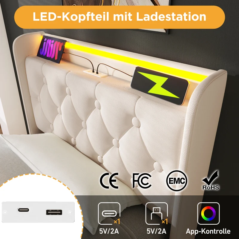 Polsterbett einzelbett, 360-Surround-LED-Funktion, Drucktaste/App/Fernbedienung, 90*200 cm, weiß PU-Material Hydraulisches...