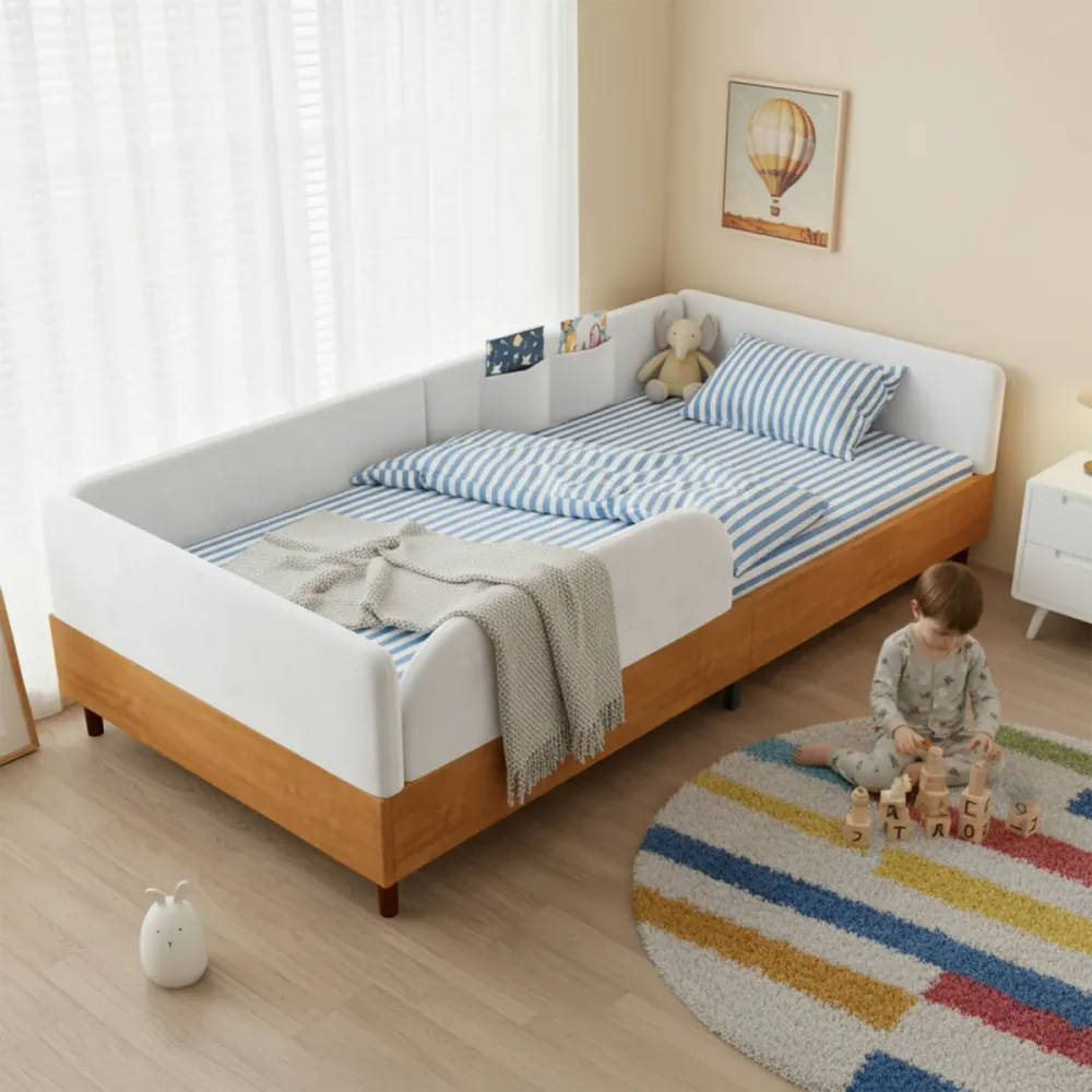Polsterbett Einzelbett 90x200cm Weiß Samt und Holz Design mit 2 Stautaschen Antikollisions Schwammkante Stabiler Bettrahme...