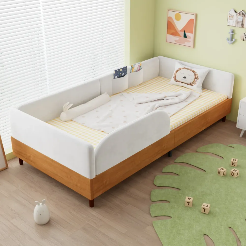 Polsterbett Einzelbett 90x200cm Weiß Samt und Holz Design mit 2 Stautaschen Antikollisions Schwammkante Stabiler Bettrahme...