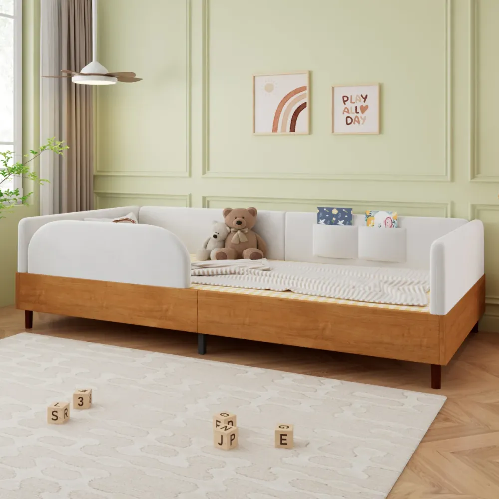 Polsterbett Einzelbett 90x200cm Weiß Samt und Holz Design mit 2 Stautaschen Antikollisions Schwammkante Stabiler Bettrahme...