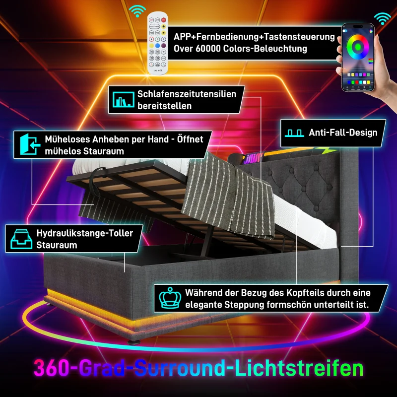 Polsterbett einzelbett,360-Surround-LED-Funktion, Drucktaste/App/Fernbedienung,90*200 cm, Grau Leinen-Material Hydraulisch...