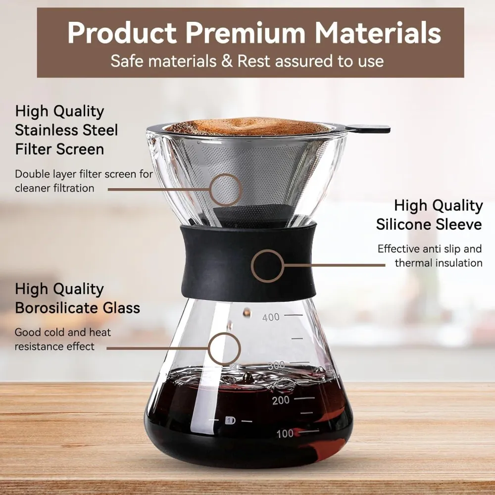Pour Over Kaffeemaschine 400ml Borosilikatglas Edelstahl