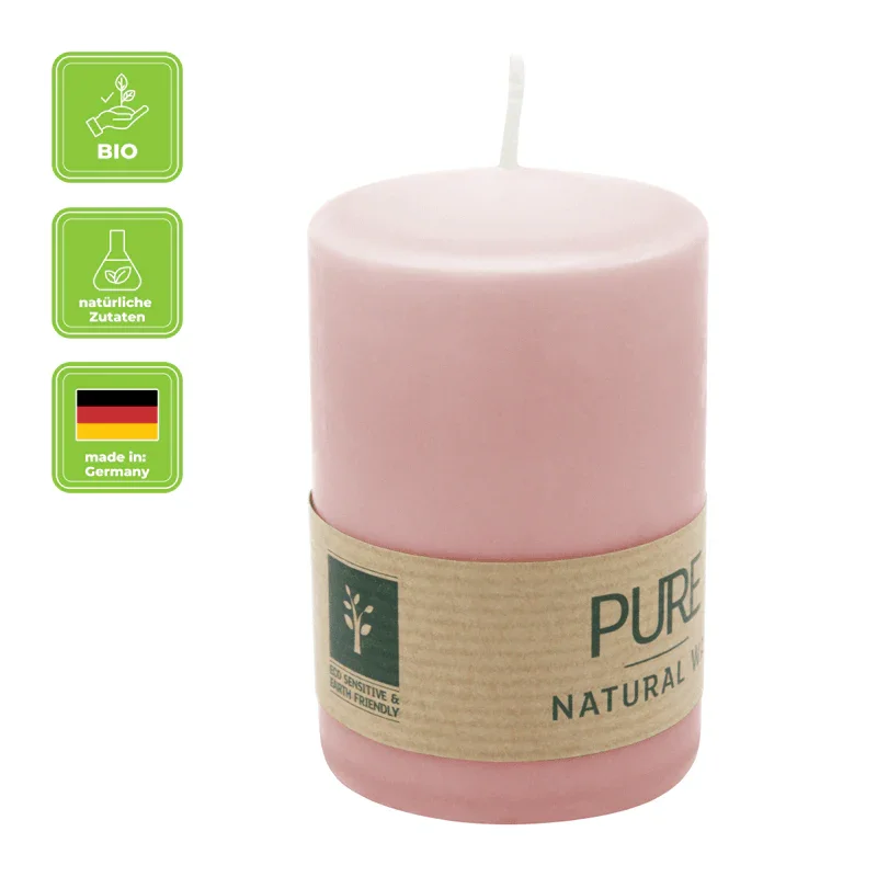 PURE NATURAL WAX, Antikrosa, Stumpenkerze, WENZEL, 90/60 mm, Brenndauer ca. 26h, 100% plastikfrei