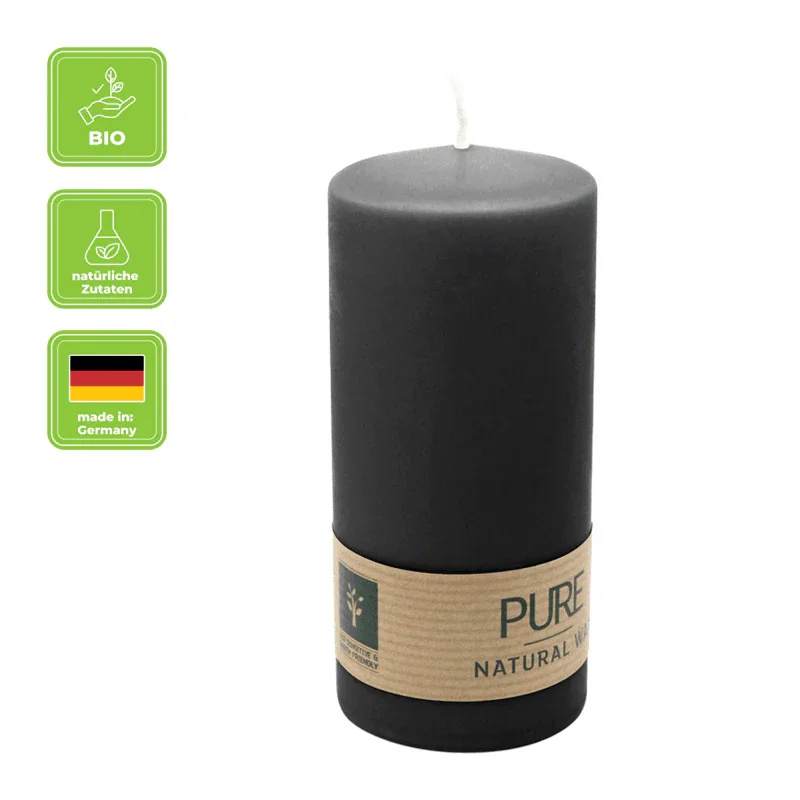 PURE NATURAL WAX, Schwarz, Stumpenkerze, WENZEL, 130/60 mm, Brenndauer ca. 40h, 100% plastikfrei