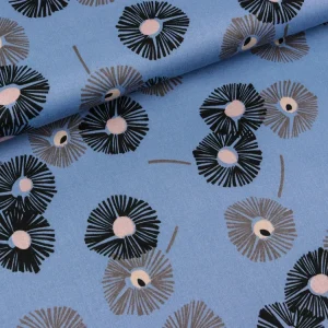 Reststück 92cm - Baumwollsatin Blumen schwarz-taupe auf Rauchblau