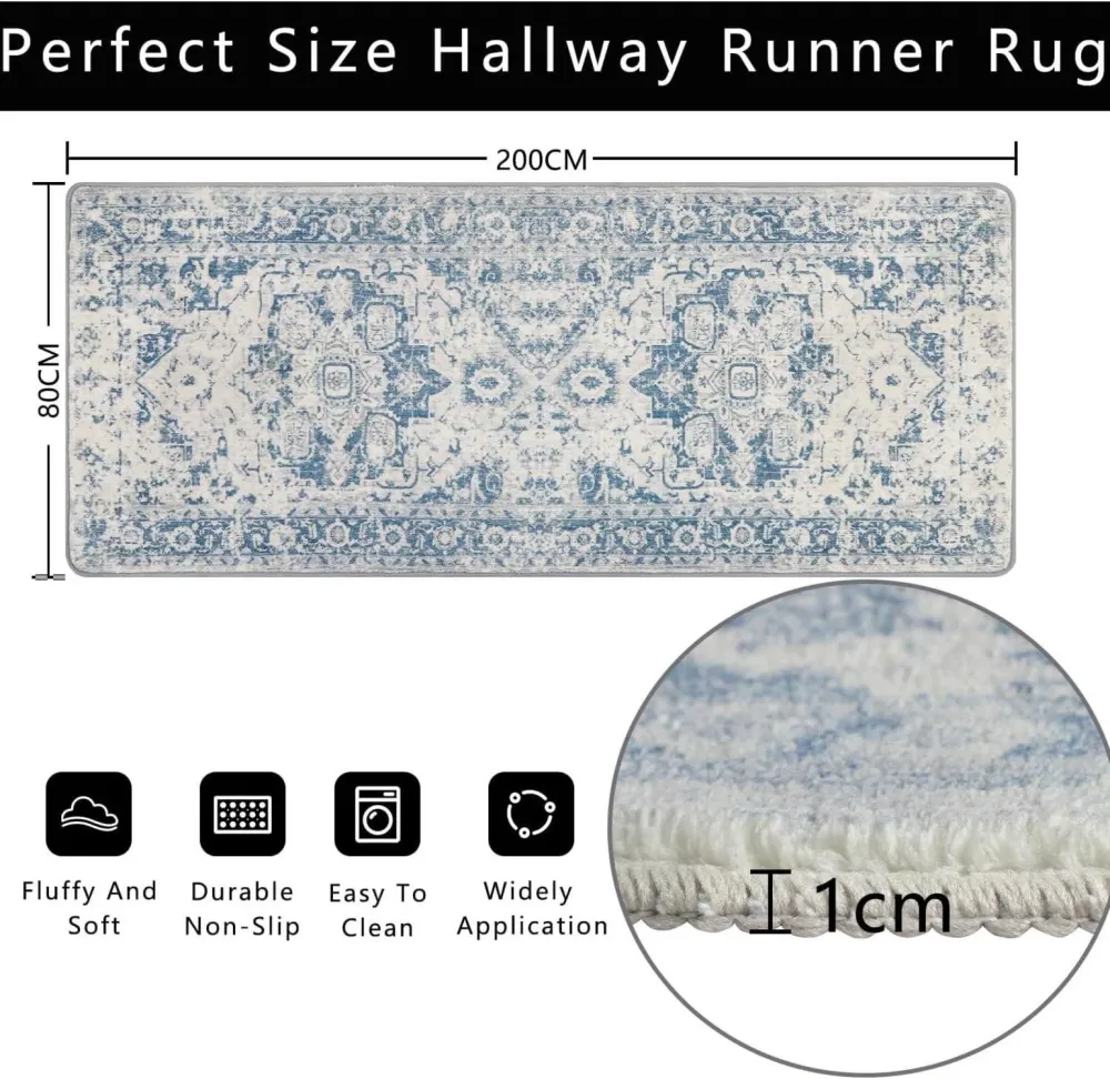 Rutschfester Teppichläufer 80x200cm Vintage Blau für Küche