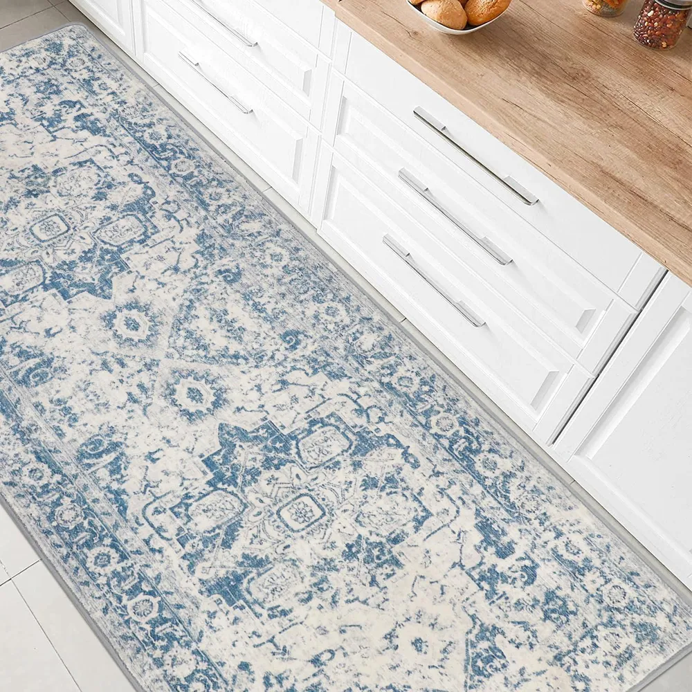 Rutschfester Teppichläufer 80x200cm Vintage Blau für Küche