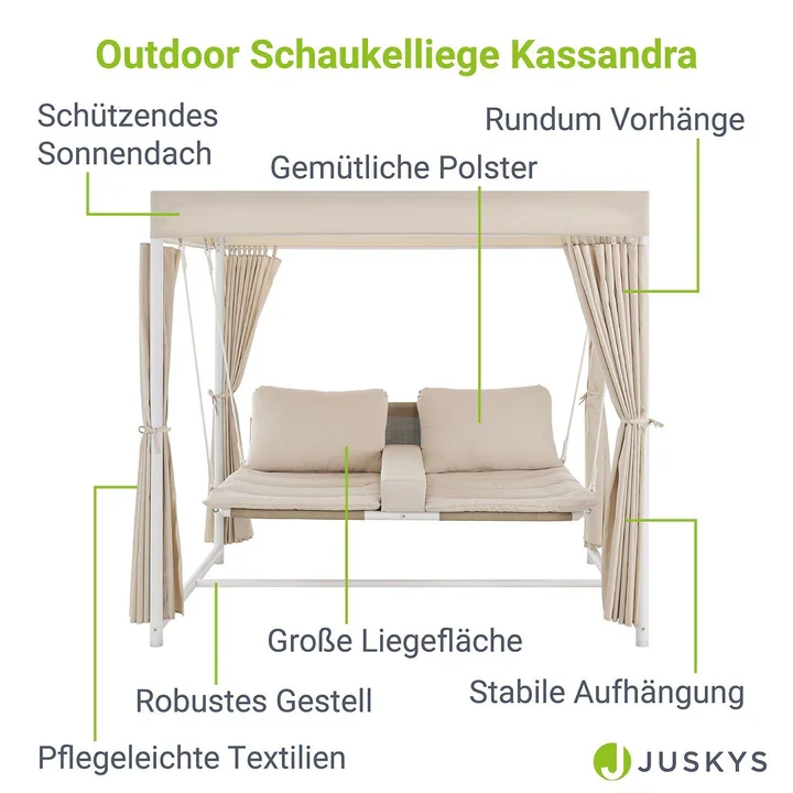 Schaukelliege Kassandra Weiss Beige Sonnendach und Vorhängen
