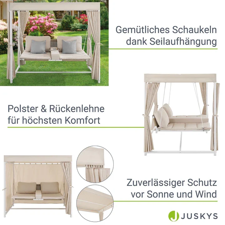 Schaukelliege Kassandra Weiss Beige Sonnendach und Vorhängen