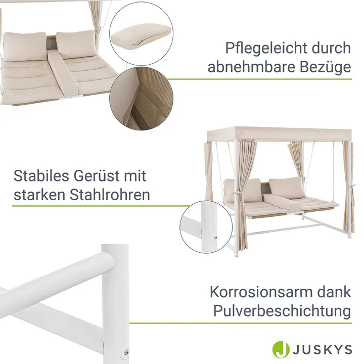 Schaukelliege Kassandra Weiss Beige Sonnendach und Vorhängen