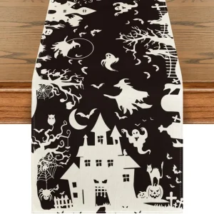 Schwarzer Halloween Tischläufer mit Spooky Witch House