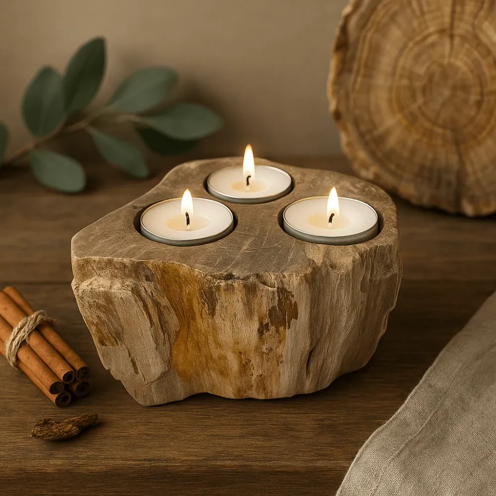 Set aus 3 Teelichthaltern aus versteinertem Holz
