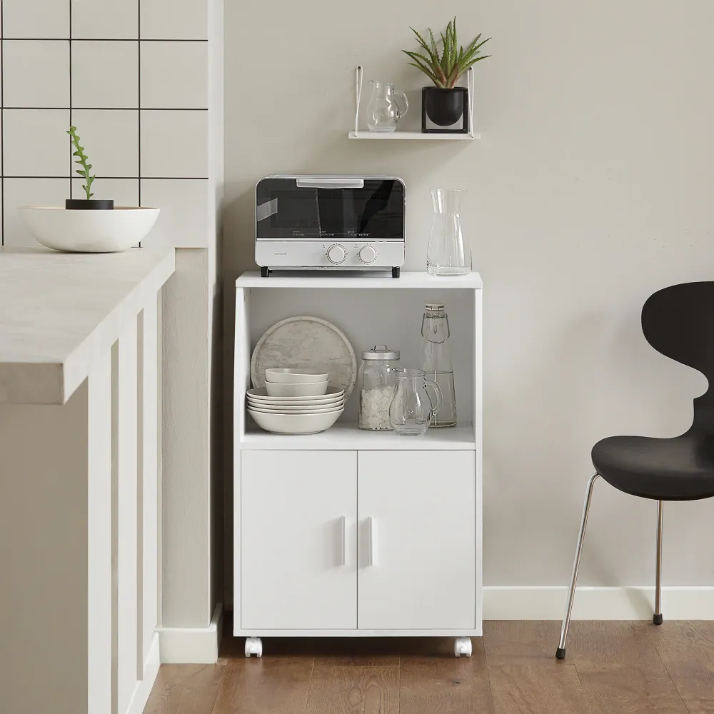 SoBuy FRG241-W Platzsparender Küchenschrank mit Türen und verstellbarem Regal – Kompakter Wagen mit Rollen für Mikrowelle,...